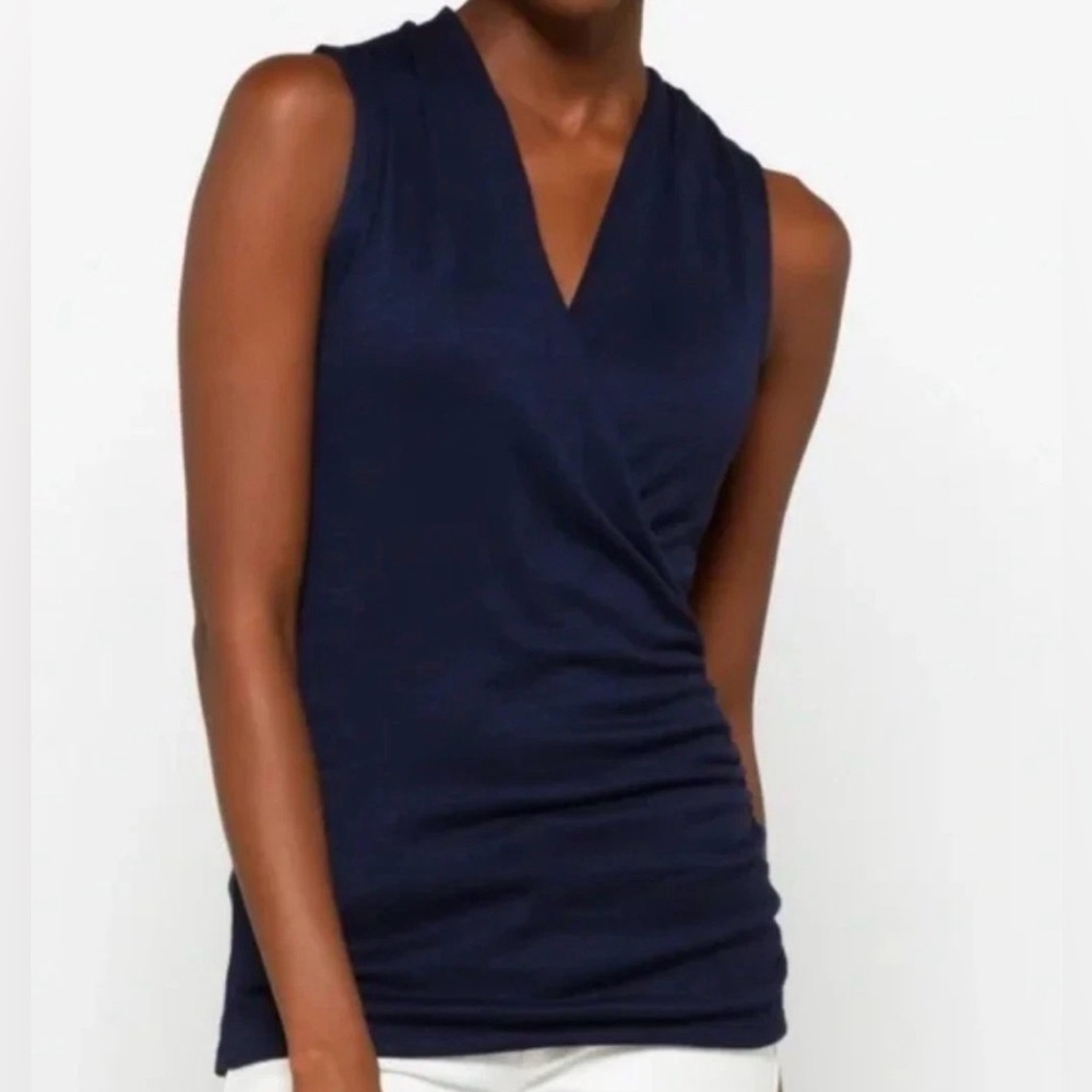 41 Hawthorn Benni Wrap Front Ruched Knit Top Navy Blue Size S Sleeveless NWT